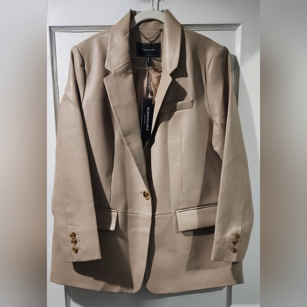 NWT Women BCBGMaxAzria Tan Faux Leather Blazer Jacket  size L